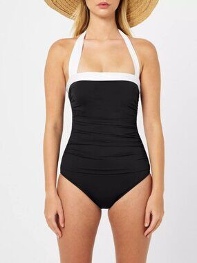 Lauren by Ralph Lauren Shirred Contrast Trim Swimsuit Black White Ruched 8 NWT